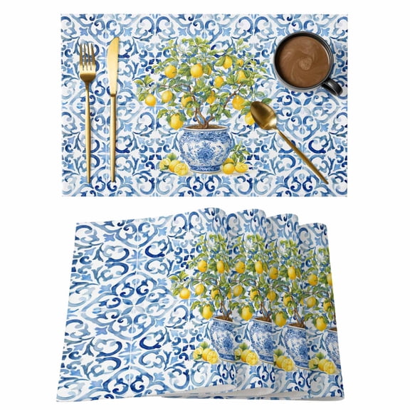 Table Placemats Set of 4,Farm Lemon Fruit Leaves Non-Slip Kitchen Dining Tables Place Mat,Blue and White Porcelain Texture Washable Table Mats for Home Dinner Holiday Party Banquet
