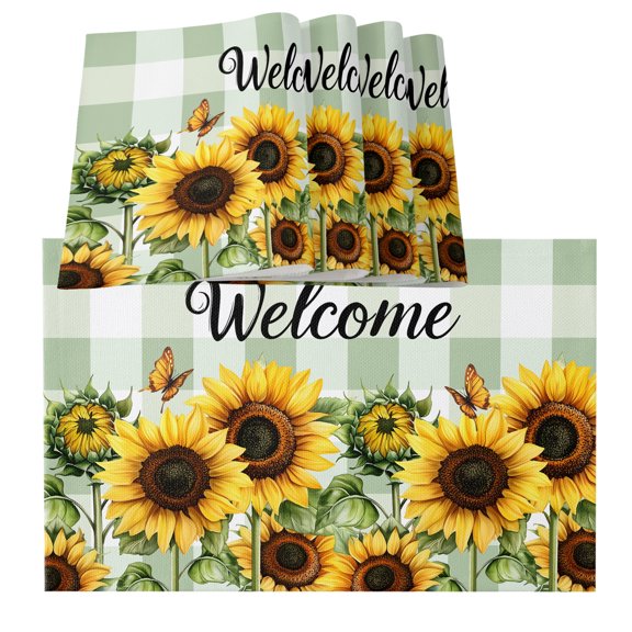 Table Placemats Set of 4,Farm Sunflower Butterfly on Green Plaid Non-Slip Kitchen Dining Tables Place Mat,Welcome Quote Washable Table Mats for Home Dinner Holiday Party Banquet