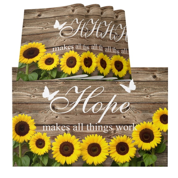 Table Placemats Set of 4,Farm Sunflower Positive Energy Quote Non-Slip Kitchen Dining Tables Place Mat,Retro Dark Brown Wood Grain Washable Table Mats for Home Dinner Holiday Party Banquet