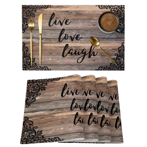 Table Placemats Set of 4,Farmhouse Brown Wood Board Non-Slip Kitchen Dining Tables Place Mat,Live Love Laugh Text Flower Washable Table Mats for Home Dinner Holiday Party Banquet