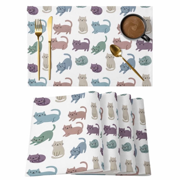 Table Placemats Set of 4,Farmhouse Cat Cute Animals Non-Slip Kitchen Dining Tables Place Mat,Blue Purple Brown Cats Washable Table Mats for Home Dinner Holiday Party Banquet