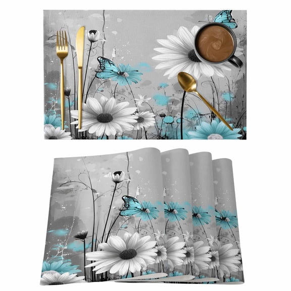 Table Placemats Set of 4,Farmhouse Daisy Ombre Turquoise Non-Slip Kitchen Dining Tables Place Mat,Country Floral on Gray Washable Table Mats for Home Dinner Holiday Party Banquet