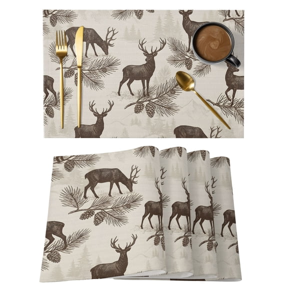 Table Placemats Set of 4,Forest Deer Pinecone Leaf Non-Slip Kitchen Dining Tables Place Mat,Country Retro Farmhouse Animal Washable Table Mats for Home Dinner Holiday Party Banquet
