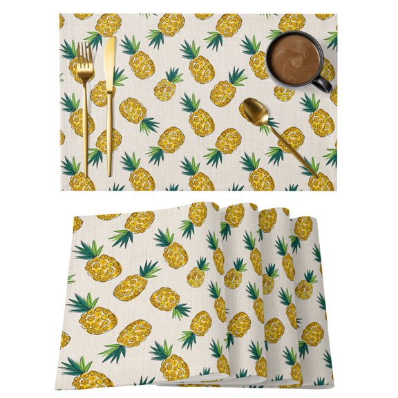 Table Placemats Set of 4,Fruit Pineapple Pattern Non-Slip Kitchen Dining Tables Place Mat,Retro Linen Background Washable Table Mats for Home Dinner Holiday Party Banquet