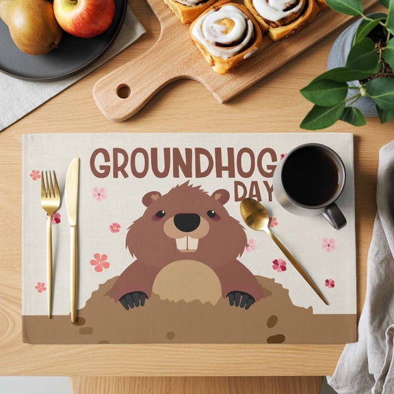 Table Placemats Set of 4 GROUNDHOG DAY Words Washable Place Mats Cute Marmot Flowers Non-Slip Insulation Table Mats for Kitchen Dining Party Decoration,13x19 Inch