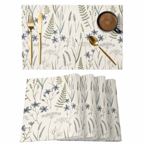 Table Placemats Set of 4,Green Ferns Wild Grasses on Beige Non-Slip Kitchen Dining Tables Place Mat,Spring Plants Washable Table Mats for Home Dinner Holiday Party Banquet