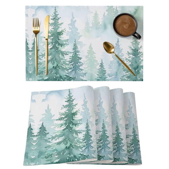 Table Placemats Set of 4,Green Misty Pines Non-Slip Kitchen Dining Tables Place Mat,Watercolor Country Plants Pattern Washable Table Mats for Home Dinner Holiday Party Banquet