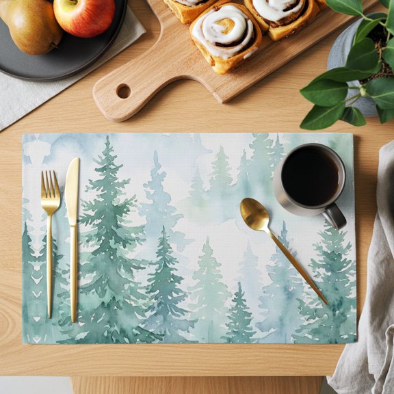 Table Placemats Set of 4 Green Misty Pines Washable Place Mats Watercolor Country Plants Pattern Non-Slip Insulation Table Mats for Kitchen Dining Party Decoration,13x19 Inch