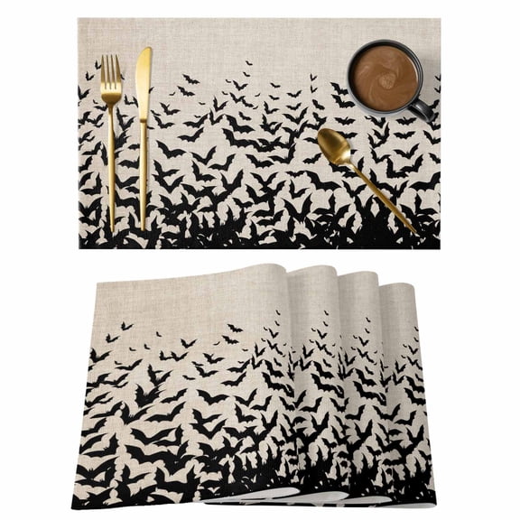 Table Placemats Set of 4,Halloween Black Bat Non-Slip Kitchen Dining Tables Place Mat,Seamless Bats on Linen Washable Table Mats for Home Dinner Holiday Party Banquet