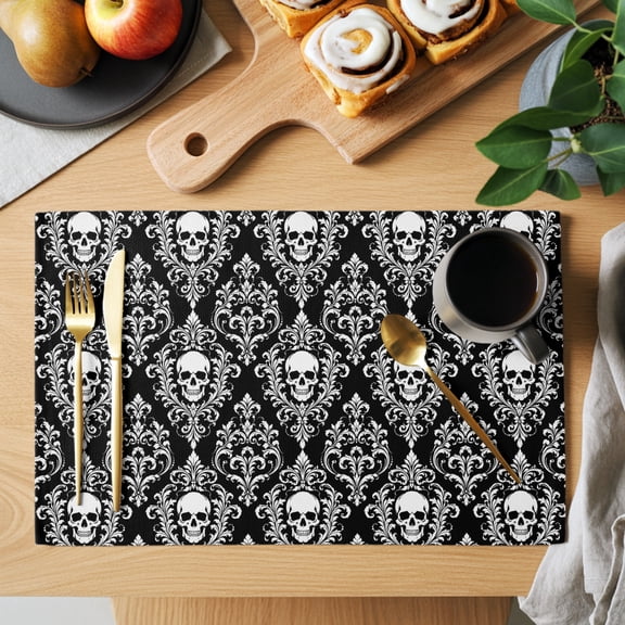 Table Placemats Set of 4 Halloween Skull Skeleton Flower Damask Washable Place Mats Scary Black Non-Slip Insulation Table Mats for Kitchen Dining Party Decoration,13x19 Inch