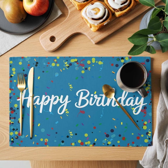 Table Placemats Set of 4 Happy Birthday Words on Blue Washable Place Mats Colorful Ribbon Non-Slip Insulation Table Mats for Kitchen Dining Party Decoration,13x19 Inch