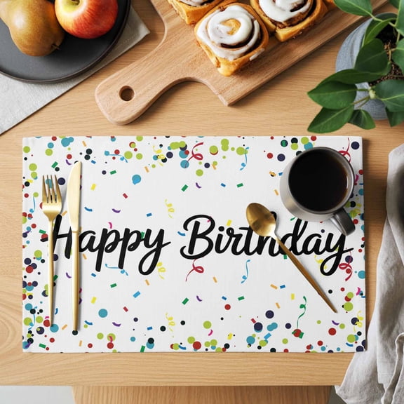 Table Placemats Set of 4 Happy Birthday Words Washable Place Mats Colorful Ribbon Polka Dot Non-Slip Insulation Table Mats for Kitchen Dining Party Decoration,13x19 Inch