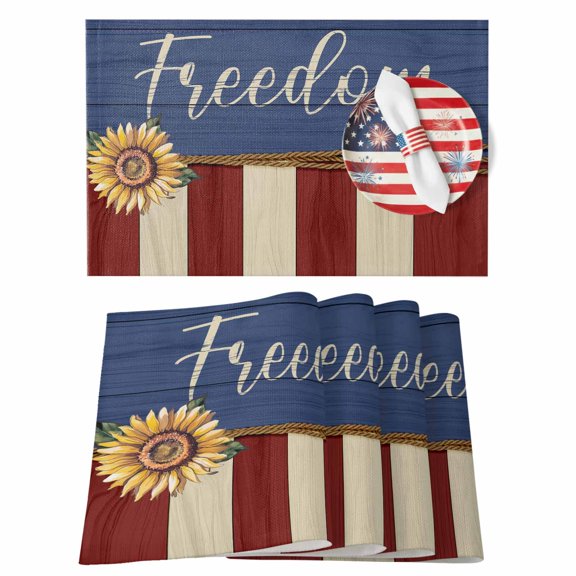 Table Placemats Set of 4,Independence Day Freedom Sunflower Non-Slip Kitchen Dining Tables Place Mat,Red Beige Blue Wooden Stripe Washable Table Mats for Home Dinner Holiday Party Banquet