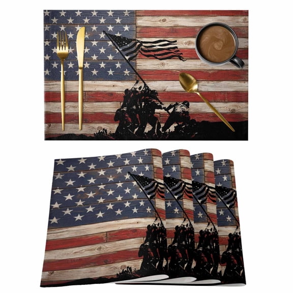 Table Placemats Set of 4,Independence Day USA Flag Non-Slip Kitchen Dining Tables Place Mat,Silhouette of Soldiers' Group Washable Table Mats for Home Dinner Holiday Party Banquet