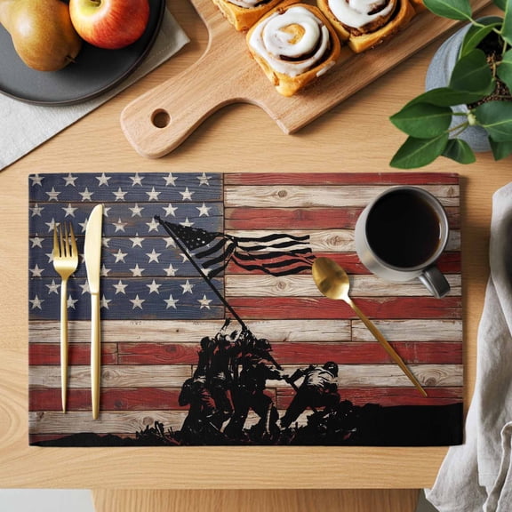 Table Placemats Set of 4 Independence Day USA Flag Washable Place Mats Silhouette of Soldiers' Group Non-Slip Insulation Table Mats for Kitchen Dining Party Decoration,13x19 Inch