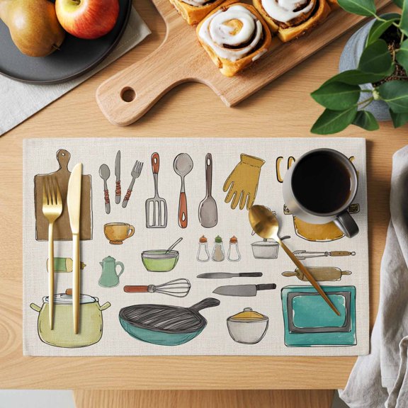 Table Placemats Set of 4 Kitchen Cooking Kitchenware Cartoon Style Washable Place Mats Retro Linen Non-Slip Insulation Table Mats for Kitchen Dining Party Decoration,13x19 Inch
