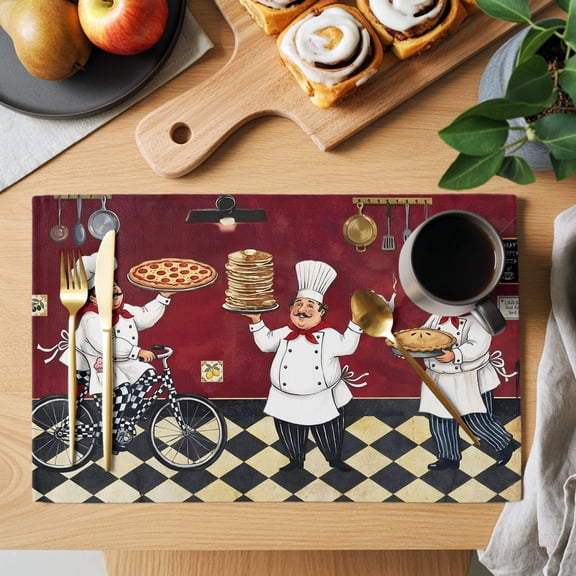 Table Placemats Set of 4 Kitchen Italian Chef Washable Place Mats Farmhouse Pizza Black White Check Non-Slip Insulation Table Mats for Kitchen Dining Party Decoration,13x19 Inch