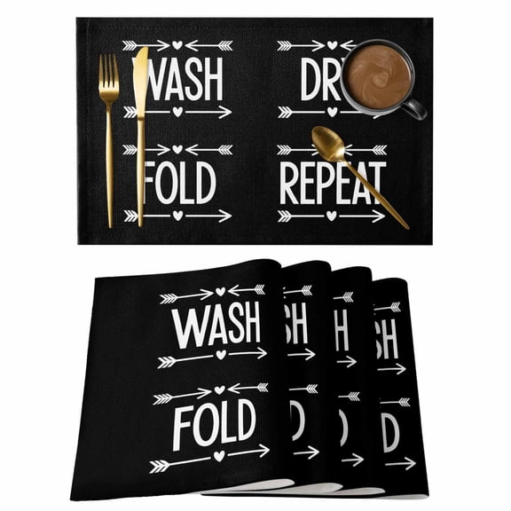 Table Placemats Set of 4,Laundry Text Arrows Non-Slip Kitchen Dining Tables Place Mat,Black White Word Washable Table Mats for Home Dinner Holiday Party Banquet