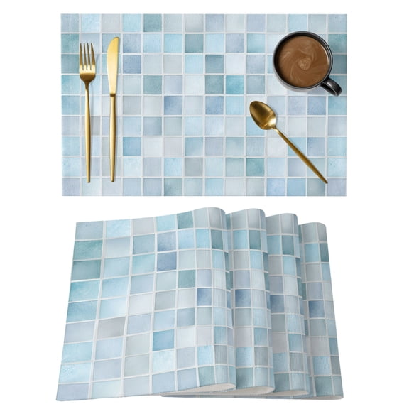 Table Placemats Set of 4,Light Blue Gray Color Block Non-Slip Kitchen Dining Tables Place Mat,Summer Ocean Watercolor Square Washable Table Mats for Home Dinner Holiday Party Banquet