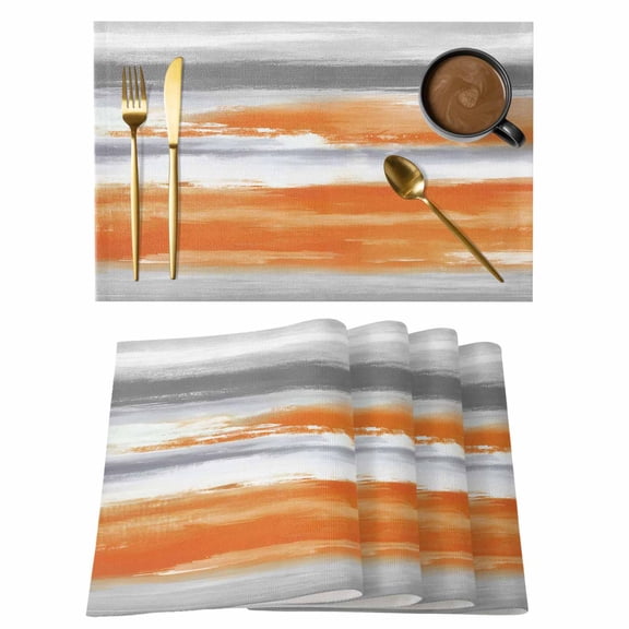 Table Placemats Set of 4,Modern Abstract Canvas Art Non-Slip Kitchen Dining Tables Place Mat,Orange Gray Striped Washable Table Mats for Home Dinner Holiday Party Banquet