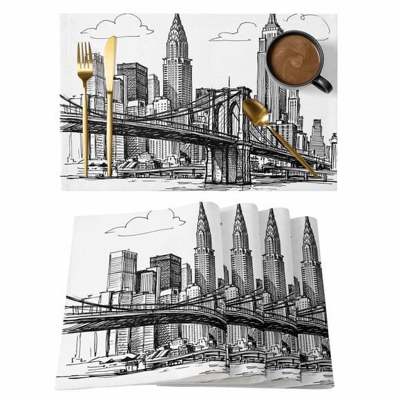 Table Placemats Set of 4,Modern Bridge Building Sketch Non-Slip Kitchen Dining Tables Place Mat,Monochrome Architecture Art Washable Table Mats for Home Dinner Holiday Party Banquet