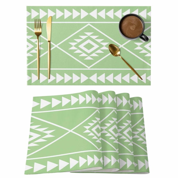 Table Placemats Set of 4,Modern Green White Geometric Art Non-Slip Kitchen Dining Tables Place Mat,Ethnic Tribal Triangle Washable Table Mats for Home Dinner Holiday Party Banquet