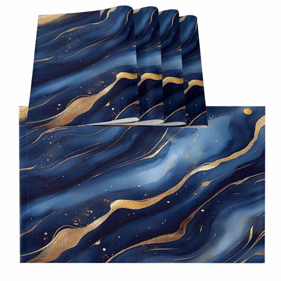 Table Placemats Set of 4,Modern Marble Texture Pattern Non-Slip Kitchen Dining Tables Place Mat,Blue Gold Gradient Washable Table Mats for Home Dinner Holiday Party Banquet