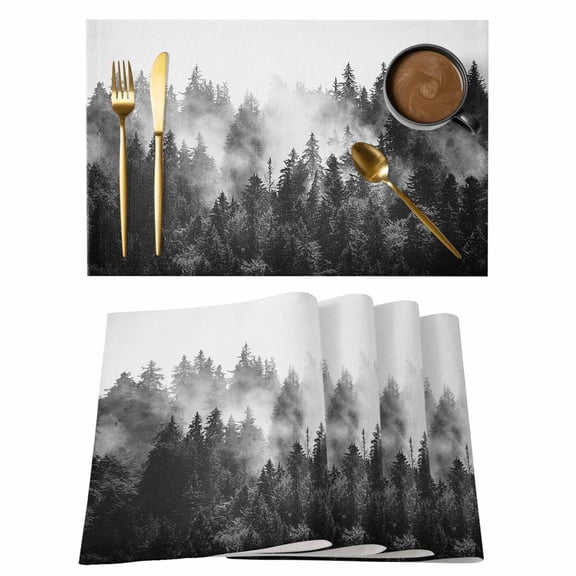 Table Placemats Set of 4,Monochrome Misty Natural Forest Non-Slip Kitchen Dining Tables Place Mat,Foggy Tree Woodland Scenery Washable Table Mats for Home Dinner Holiday Party Banquet
