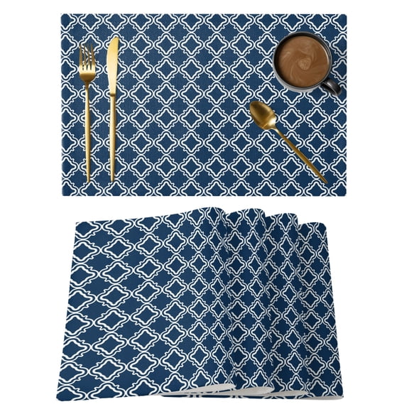 Table Placemats Set of 4,Moroccan Classic Navy Blue Lattice Non-Slip Kitchen Dining Tables Place Mat,Geometric Tile Plaid Washable Table Mats for Home Dinner Holiday Party Banquet