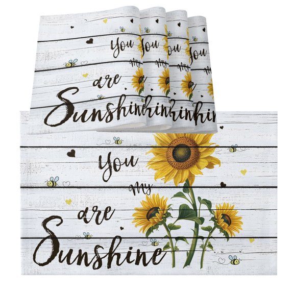 Table Placemats Set of 4,My Sunshine Sunflower Quotes Non-Slip Kitchen Dining Tables Place Mat,Farm Gray Wood Board Washable Table Mats for Home Dinner Holiday Party Banquet