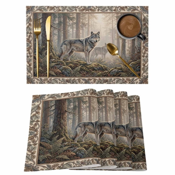 Table Placemats Set of 4,Natural Wild Wolf Forest Scenery Non-Slip Kitchen Dining Tables Place Mat,Animal Botanical Tree Plant Washable Table Mats for Home Dinner Holiday Party Banquet