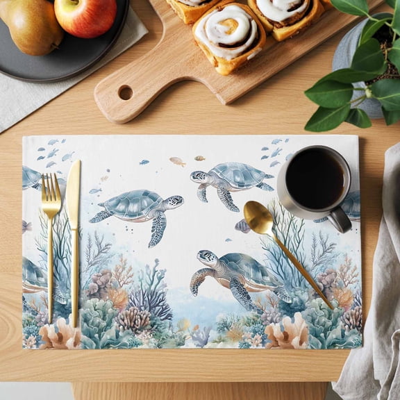 Table Placemats Set of 4 Ocean Sea Turtle Fish Coral Seaweed Washable Place Mats Watercolor Underwater World Non-Slip Insulation Table Mats for Kitchen Dining Party Decoration,13x19 Inch