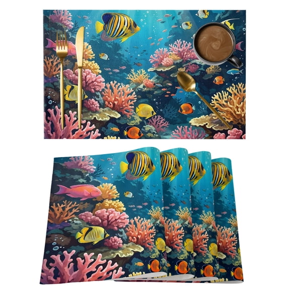 Table Placemats Set of 4,Ocean Underwater World Coral Non-Slip Kitchen Dining Tables Place Mat,Marine Life Fish Reef Washable Table Mats for Home Dinner Holiday Party Banquet