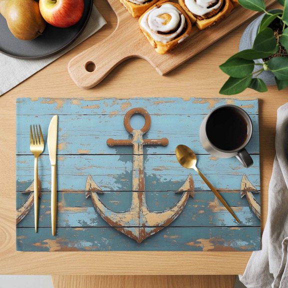 Table Placemats Set of 4 Old Ship Anchor on Wood Grain Washable Place Mats Nautical Farm Blue Planks Non-Slip Insulation Table Mats for Kitchen Dining Party Decoration,13x19 Inch
