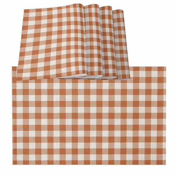 Table Placemats Set of 4,Orange White Gingham Grid Non-Slip Kitchen Dining Tables Place Mat,Retro Farmhouse Plaid Washable Table Mats for Home Dinner Holiday Party Banquet