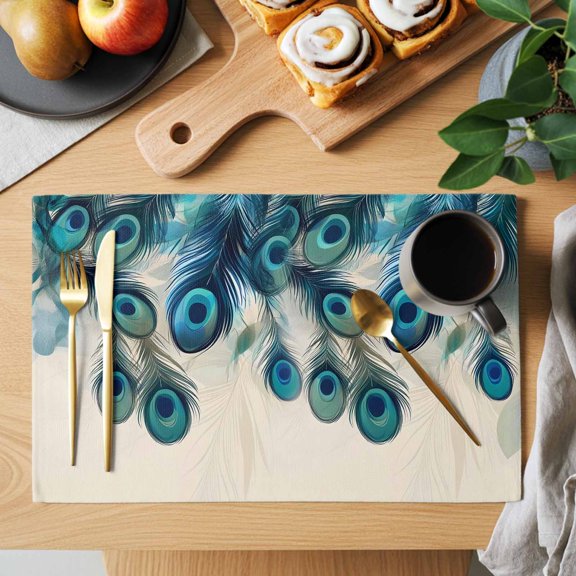 Table Placemats Set of 4 Peacock Feathers on Beige Washable Place Mats Abstract Pattern Non-Slip Insulation Table Mats for Kitchen Dining Party Decoration,13x19 Inch