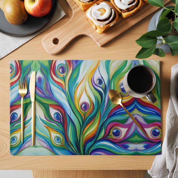 Table Placemats Set of 4 Peacock Feathers Colorful Gradient Washable Place Mats Vibrant Abstract Art Non-Slip Insulation Table Mats for Kitchen Dining Party Decoration,13x19 Inch