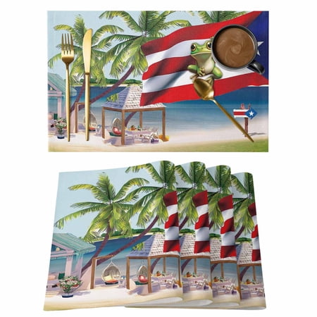 Table Placemats Set of 4,Puerto Rico Flag Frog Coconut Trees Non-Slip Kitchen Dining Tables Place Mat,Ocean Beach Washable Table Mats for Home Dinner Holiday Party Banquet