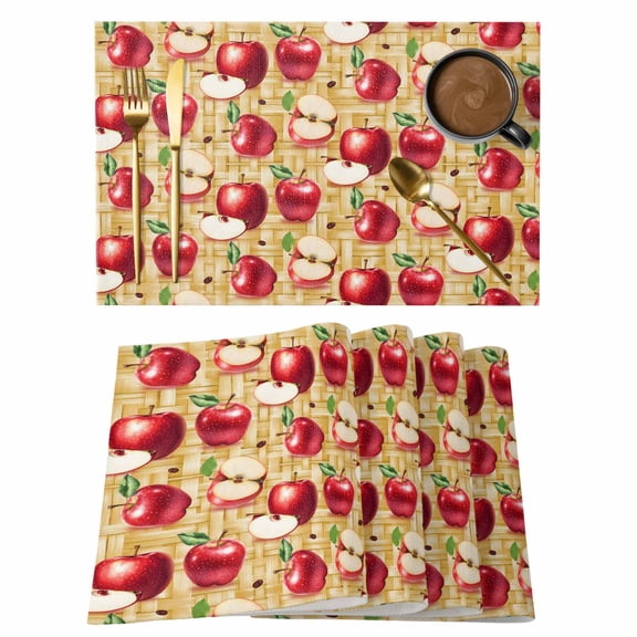 Table Placemats Set of 4,Red Apples Farm Fruit Non-Slip Kitchen Dining Tables Place Mat,Retro Weave Art Washable Table Mats for Home Dinner Holiday Party Banquet