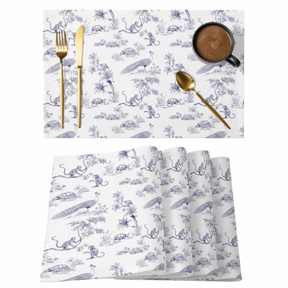 Table Placemats Set of 4,Retro Canopies Monkeys Turtles Plants Non-Slip Kitchen Dining Tables Place Mat,Farmhouses Animals Washable Table Mats for Home Dinner Holiday Party Banquet