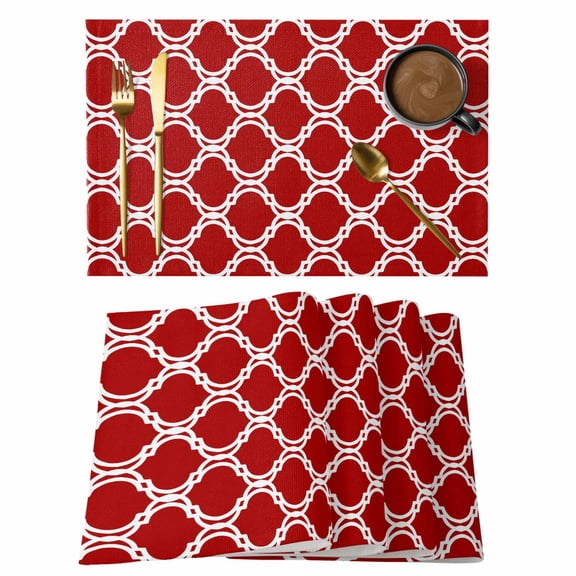 Table Placemats Set of 4,Retro Moroccan Red Geometric Non-Slip Kitchen Dining Tables Place Mat,Abstract Watercolor Stripe Washable Table Mats for Home Dinner Holiday Party Banquet