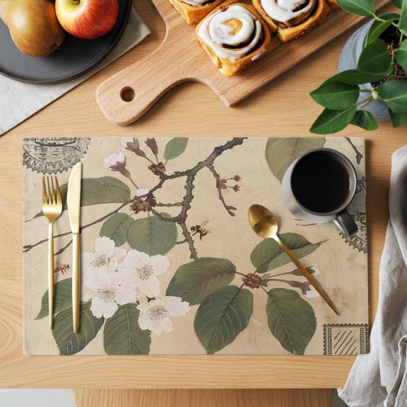 Table Placemats Set of 4 Retro Pear Blossom Floral Leaves Washable Place Mats Tree Branch on Postcard Non-Slip Insulation Table Mats for Kitchen Dining Party Decoration,13x19 Inch