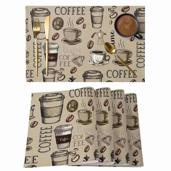 Table Placemats Set of 4,Retro Sketch Coffee Set Bean with Quote Non-Slip Kitchen Dining Tables Place Mat,Aromatic Drink on Khaki Washable Table Mats for Home Dinner Holiday Party Banquet