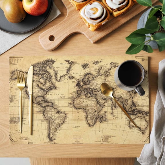 Table Placemats Set of 4 Retro Yellow World Map North America Asia Washable Place Mats Pacific Plate Non-Slip Insulation Table Mats for Kitchen Dining Party Decoration,13x19 Inch