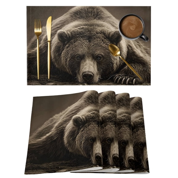 Table Placemats Set of 4,Rustic Brown Grizzly Bear Non-Slip Kitchen Dining Tables Place Mat,Abstract Forest Wildlife Animal Washable Table Mats for Home Dinner Holiday Party Banquet