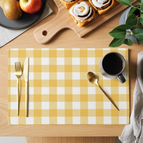 Table Placemats Set of 4 Rustic Country Yellow and White Buffalo Lattice Checked Washable Place Mats Farm Style Non-Slip Insulation Table Mats for Kitchen Dining Party Decoration,13x19 Inch