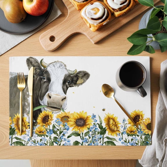 Table Placemats Set of 4 Rustic Cow Sunflower Bee Washable Place Mats Farm Country Floral Animal Non-Slip Insulation Table Mats for Kitchen Dining Party Decoration,13x19 Inch