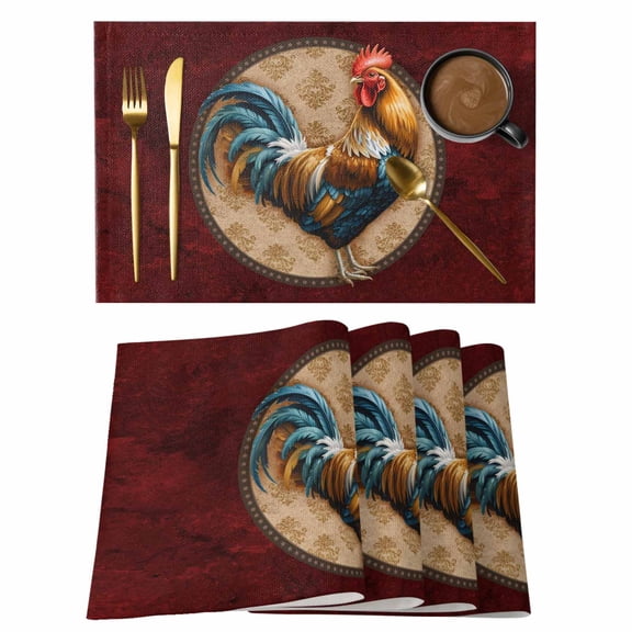 Table Placemats Set of 4,Rustic Farm Rooster on Retro Texture Non-Slip Kitchen Dining Tables Place Mat,Red Marble Agate Washable Table Mats for Home Dinner Holiday Party Banquet