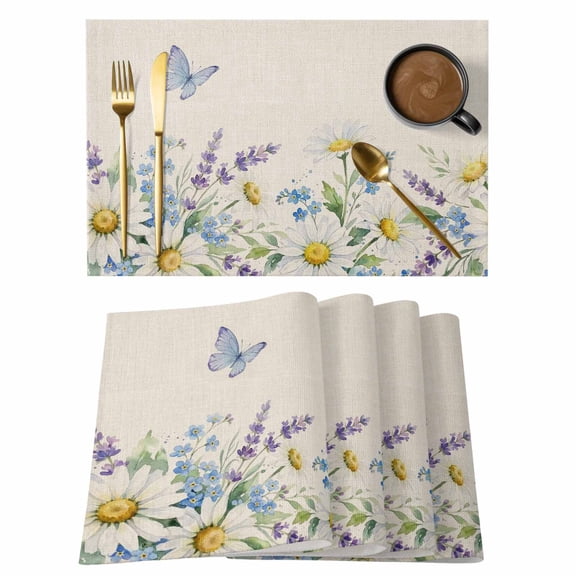 Table Placemats Set of 4,Rustic Farmhouse Floral Daisies Lavender Non-Slip Kitchen Dining Tables Place Mat,Vintage Butterfly Washable Table Mats for Home Dinner Holiday Party Banquet