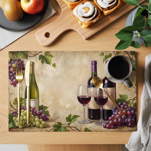 Table Placemats Set of 4 Rustic Grapes Wine Goblets Bottles Washable Place Mats Farmhouse Italian Manor Non-Slip Insulation Table Mats for Kitchen Dining Party Decoration,13x19 Inch